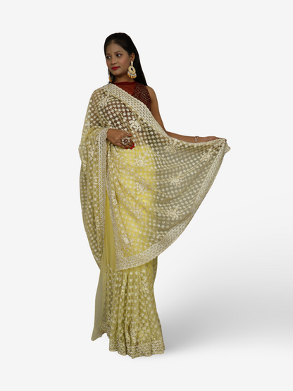 Stunning Lemon Yellow Soft Net Fabric Saree for Women by Shreekama
