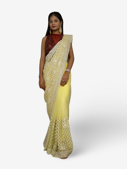 Stunning Lemon Yellow Soft Net Fabric Saree for Women by Shreekama