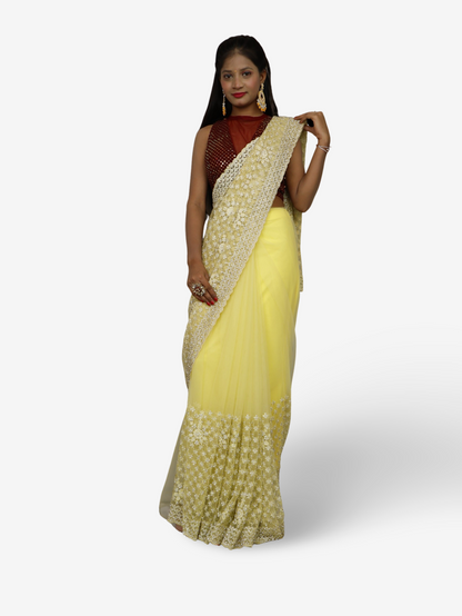 Stunning Lemon Yellow Soft Net Fabric Saree for Women by Shreekama