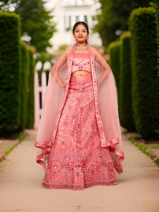 Semi-Stitched Lehenga with Soft Net Fabric & Zari Thread Work by Shreekama