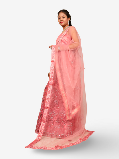 Semi-Stitched Lehenga with Soft Net Fabric & Zari Thread Work by Shreekama